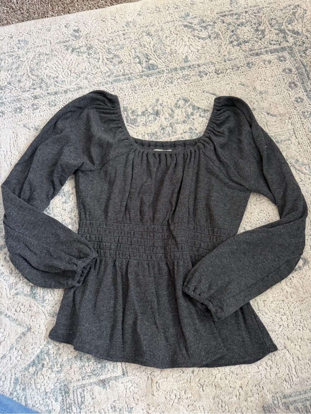 Madewell Charcoal Smocked-Peplum Long Sleeve Top